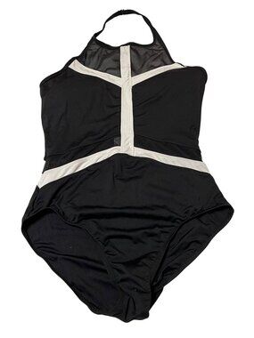 Anne Cole Black White One-Piece Halter Swimsuit Mesh Neckline Size S 17MO02119
